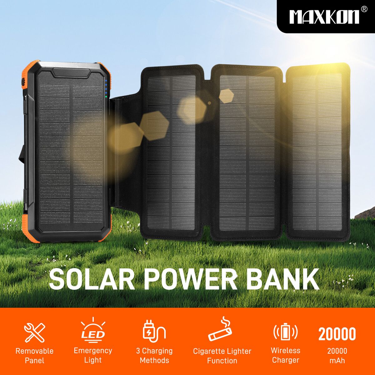 Solar Power Bank Portable Charger 20000mAh Phone Laptop Battery Pack 4 Foldable Panel Kit Camping External LED Flashlight