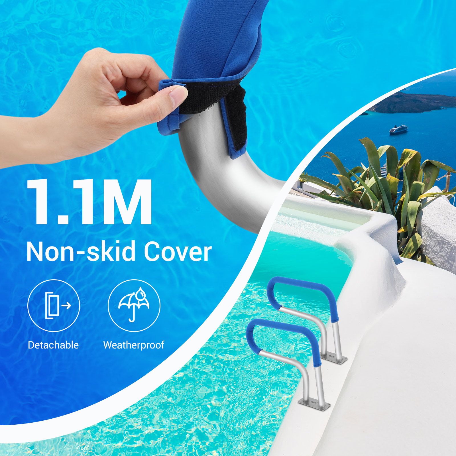 Swimming Pool Handrail Steps Stairs Railing Banister Stainless Steel Grab Bar Handle 812x584mm with 110cm Grip Cover