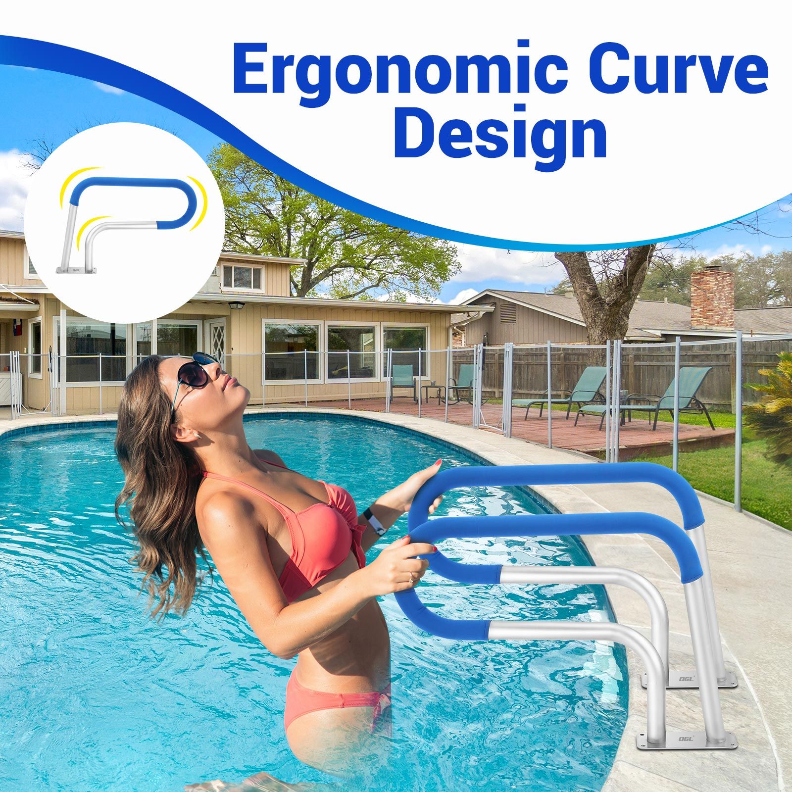 Swimming Pool Handrail Steps Stairs Railing Banister Stainless Steel Grab Bar Handle 812x584mm with 110cm Grip Cover