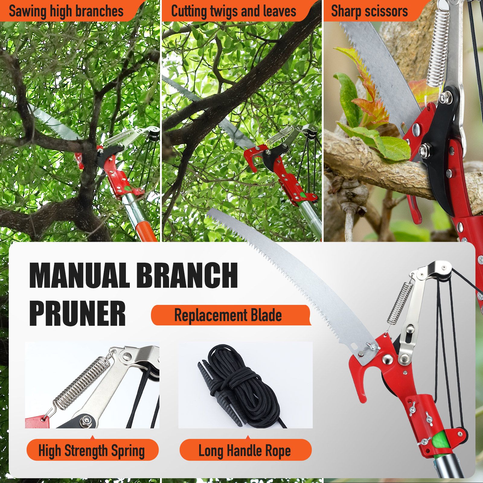 Manual Pole Saw Tree Pruner Extendable Branch Pruning Trimmer Trimming Cutter with 8 Fibreglass Rods Sharp Steel Blades Scissors