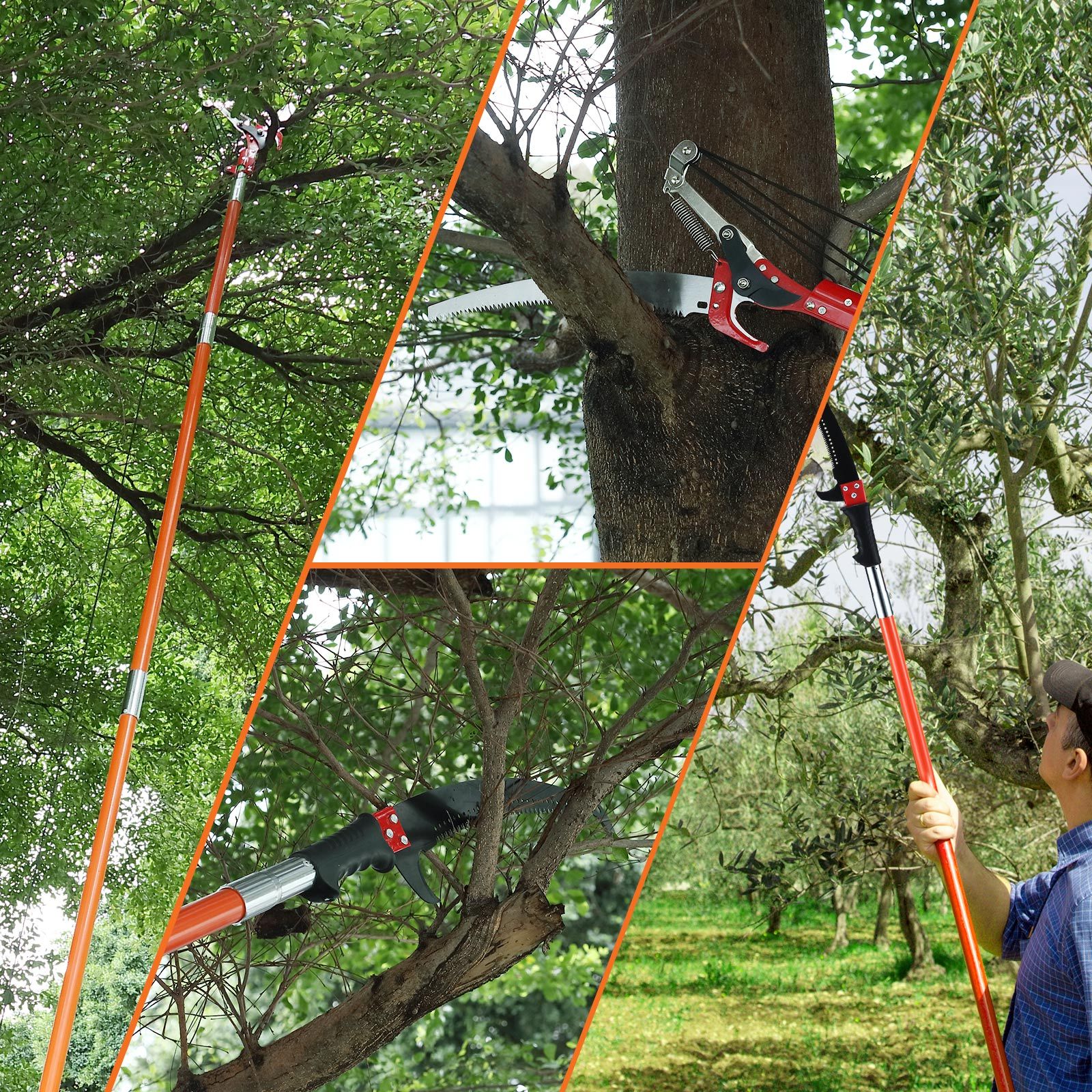 Manual Pole Saw Tree Pruner Extendable Branch Pruning Trimmer Trimming Cutter with 8 Fibreglass Rods Sharp Steel Blades Scissors