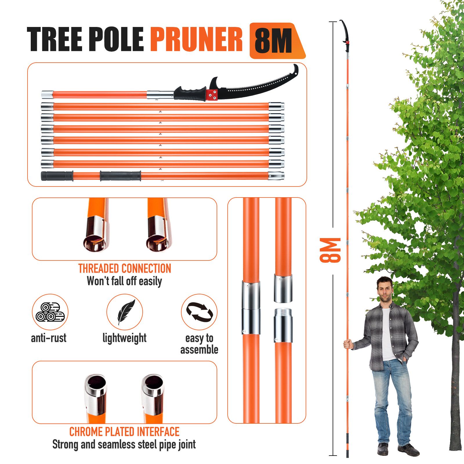 Manual Pole Saw Tree Pruner Extendable Branch Pruning Trimmer Trimming Cutter with 8 Fibreglass Rods Sharp Steel Blades Scissors