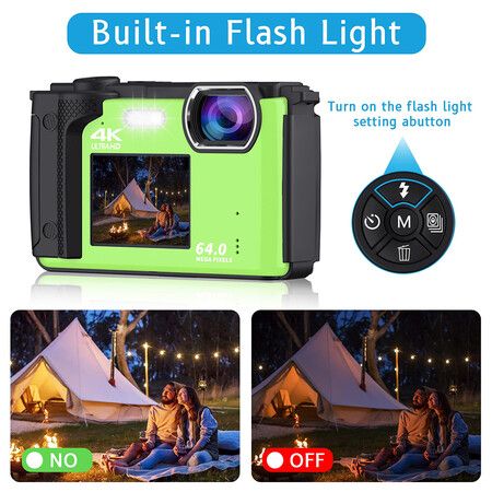 Digital Camera with WiFi 4K 64MP Compact Dual Screen Camera 2.8 inch Ultra HD Screen YouTube Video Recording Camera 16x Digital Zoom (Green)