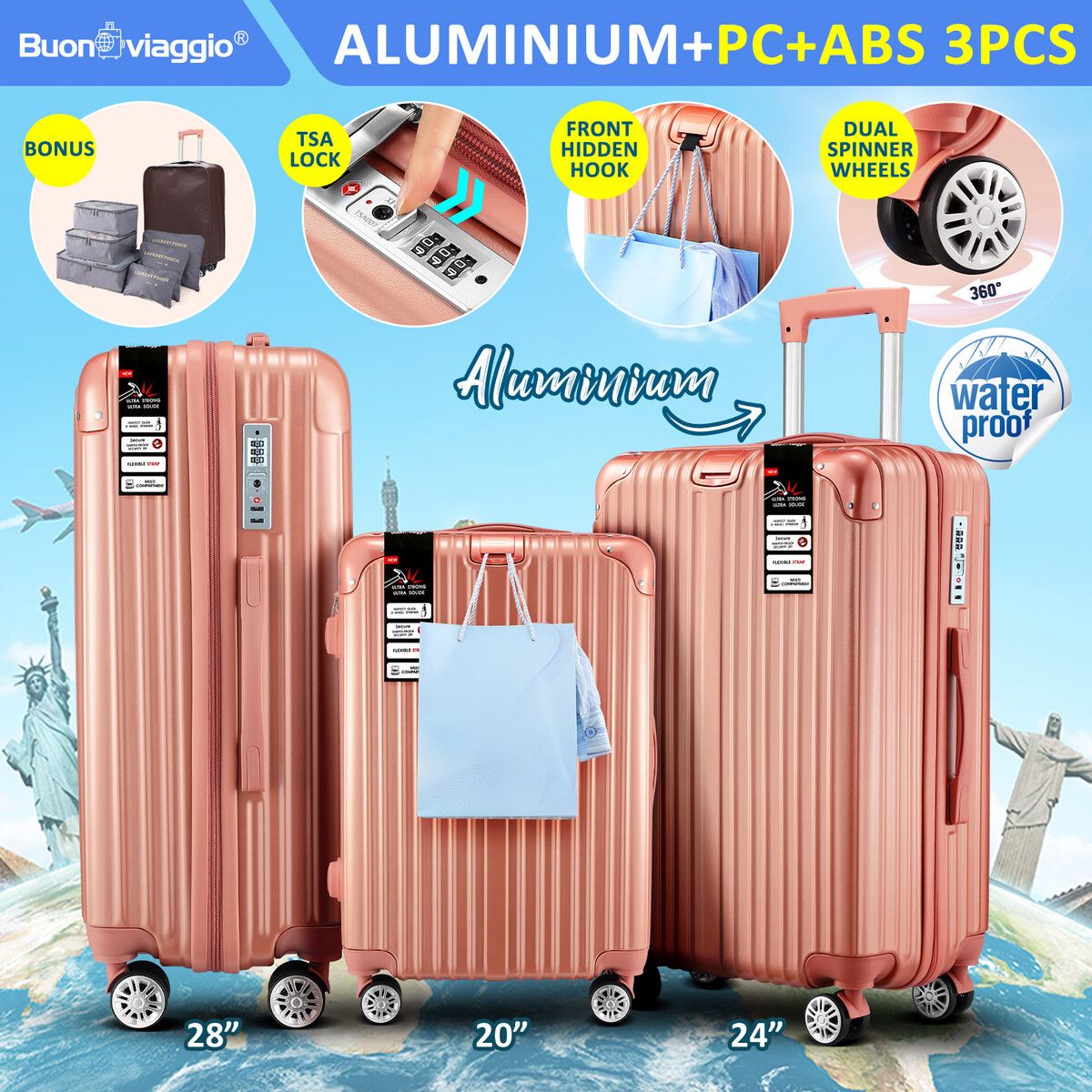 3 Piece Luggage Set Travel Carry On Hard Suitcases Trolley Lightweight Cabin Bags TSA Lock Cover 6 Packing Cubes Rose Gold