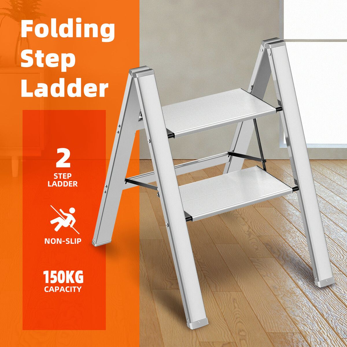 2 Step Folding Ladder Stool Collapsible Aluminium Portable Stairs Kitchen Helper Lightweight Warehouse Household Stepladder