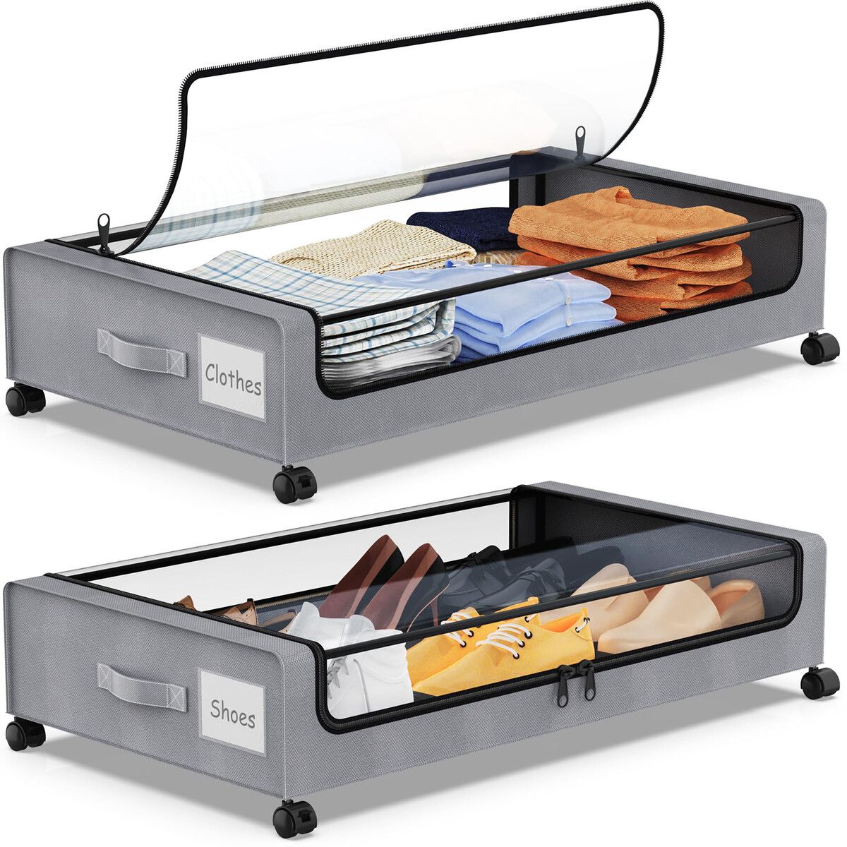 Under Bed Storage with Wheels,2Pack Under Bed Storage Containers,Under Bed Shoe Storage Organizer with Clear Window&Label,Rolling Under Bed Storage Metal Drawer for Clothes,Shoes,Toys