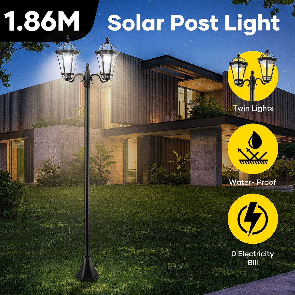 186cm Solar LED Light Post Outdoor Street Pathway Garden Security Pole Lamp Driveway Patio Yard Energy Powered Pillar Lantern