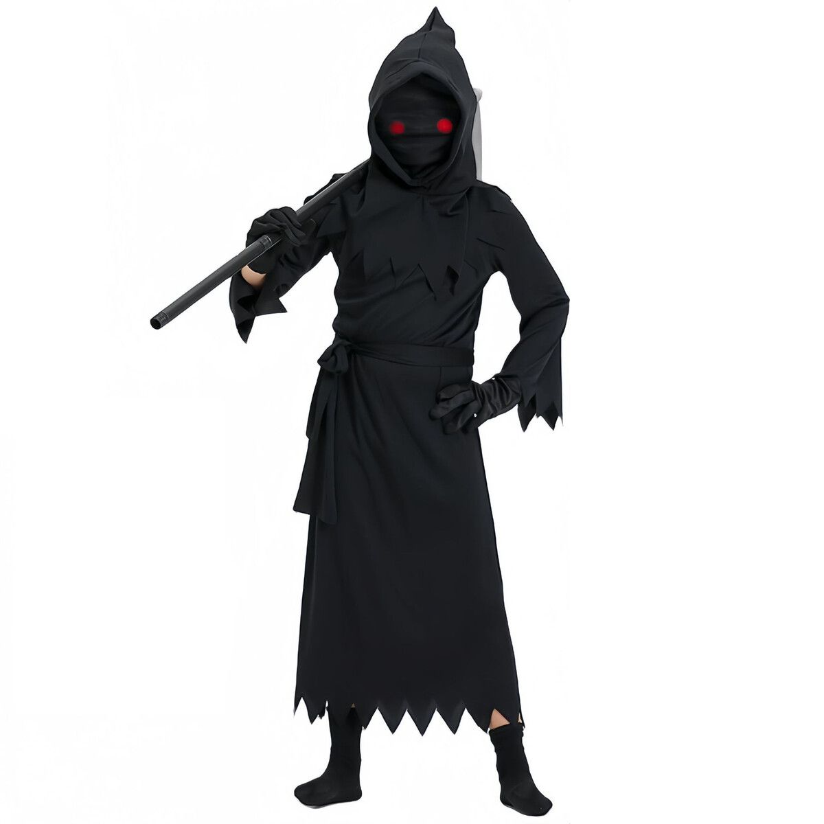 Kids Grim Reaper Halloween Costume Deluxe Set Black Phantom Cosplay Outfit with Skeleton, Ideal for 130cm Children