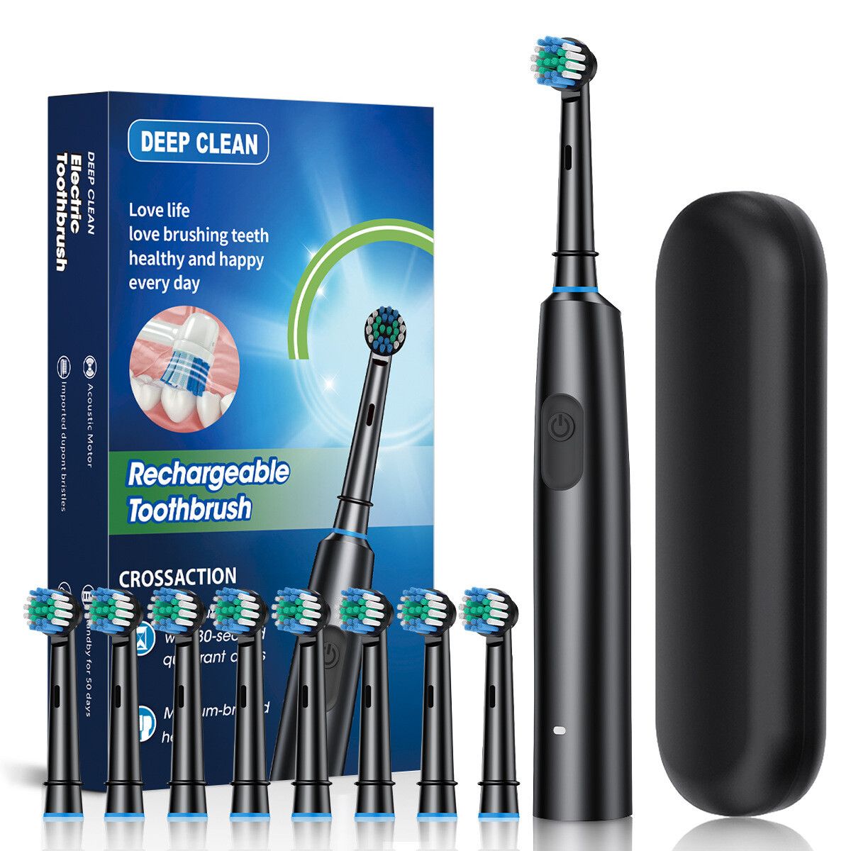 Electric Toothbrush Rotary TypeC Power Rechargeable Teeth Deep Cleaning Birthday  Christmas Gifts Oral Care Set 8 Replacement Heads Travel Case Col. Black