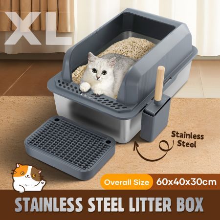 Stainless Steel Cat Litter Box XL High Enclosed Sides Pet Toilet Kitty Metal Pan Enclosure Potty Easy Clean Scoop 20L with Filter Pedal Pet Scene