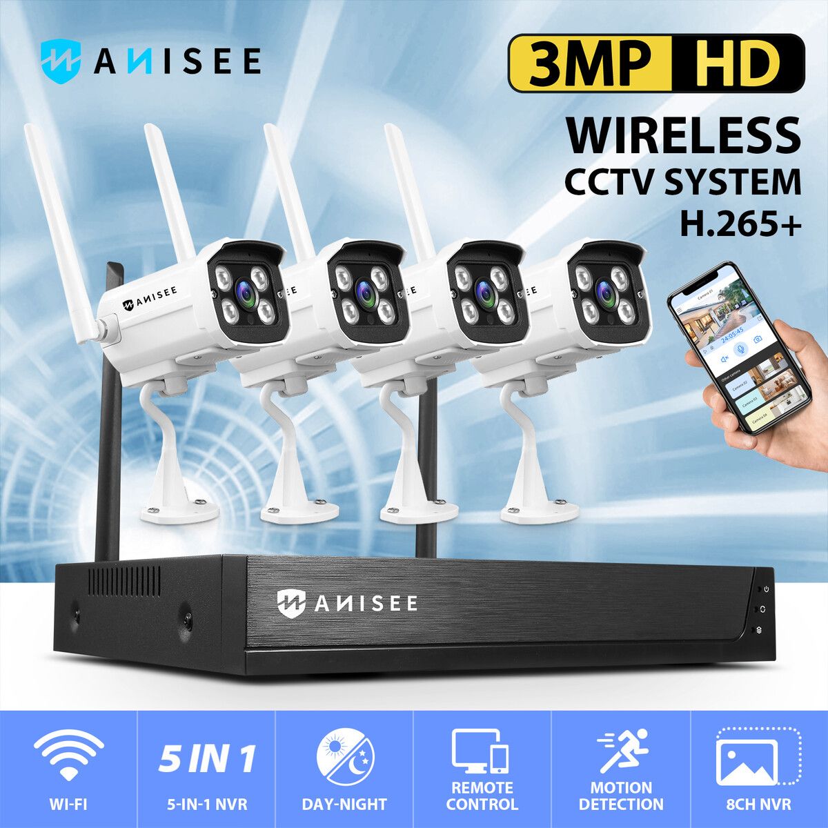 3MP Security Camera Set Wireless Home CCTV House Indoor Outdoor Surveillance System Full HD with 4 Channel WiFi NVR