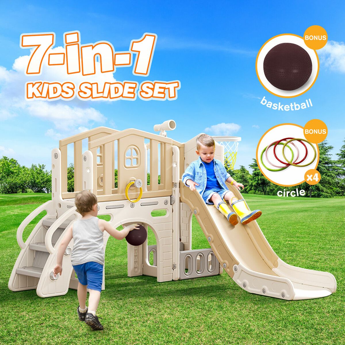 7 in 1 Kids Slide Set Ladder Steps Basketball Hoop Playground Activity Centre Telescope Ring Toss Tunnel Indoor Outdoor Toy Playset