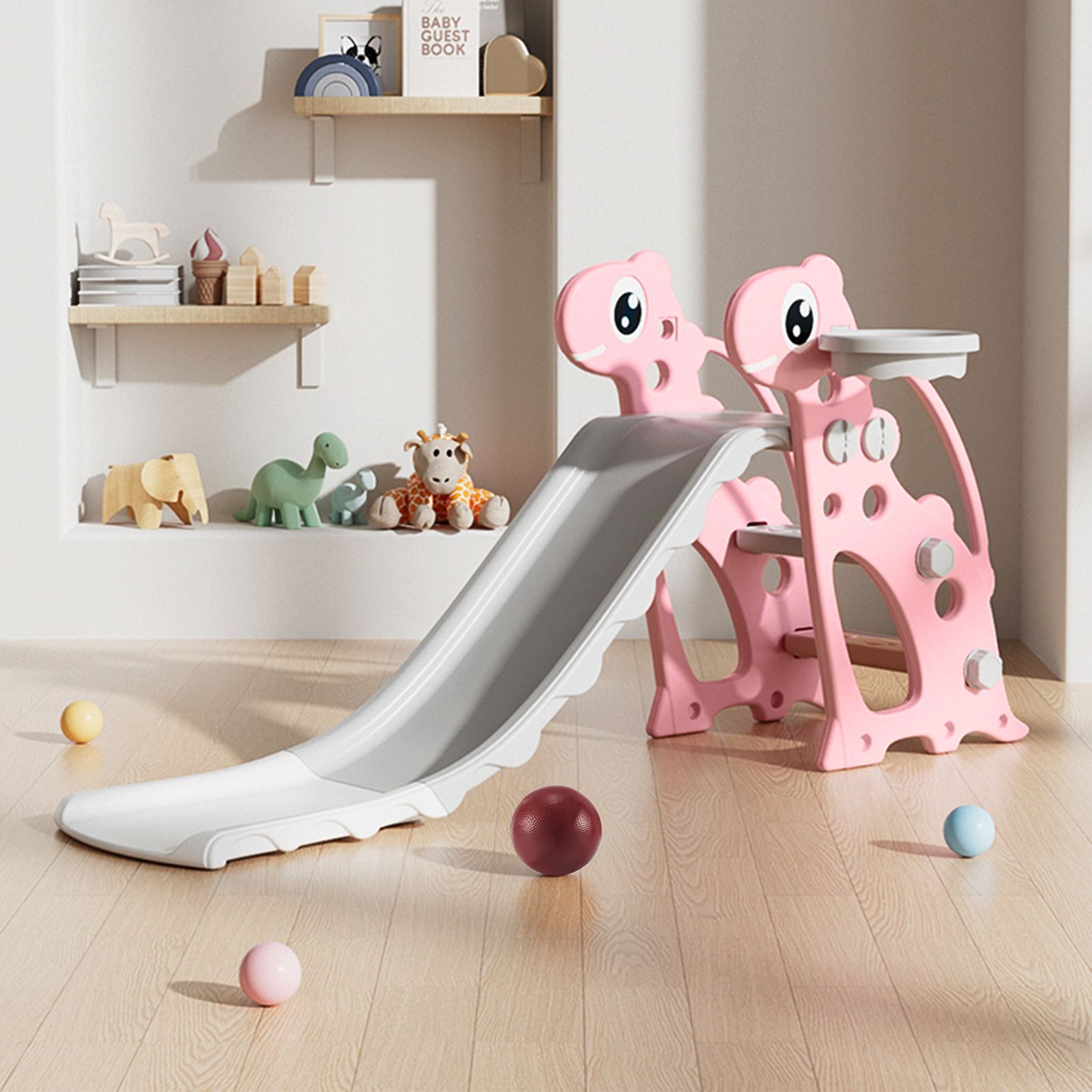 3 in 1 Kids Slide Set Climber Ladder Steps Basketball Hoop Indoor Outdoor Playground Activity Centre Stairs Equipment Playset Toy Pink