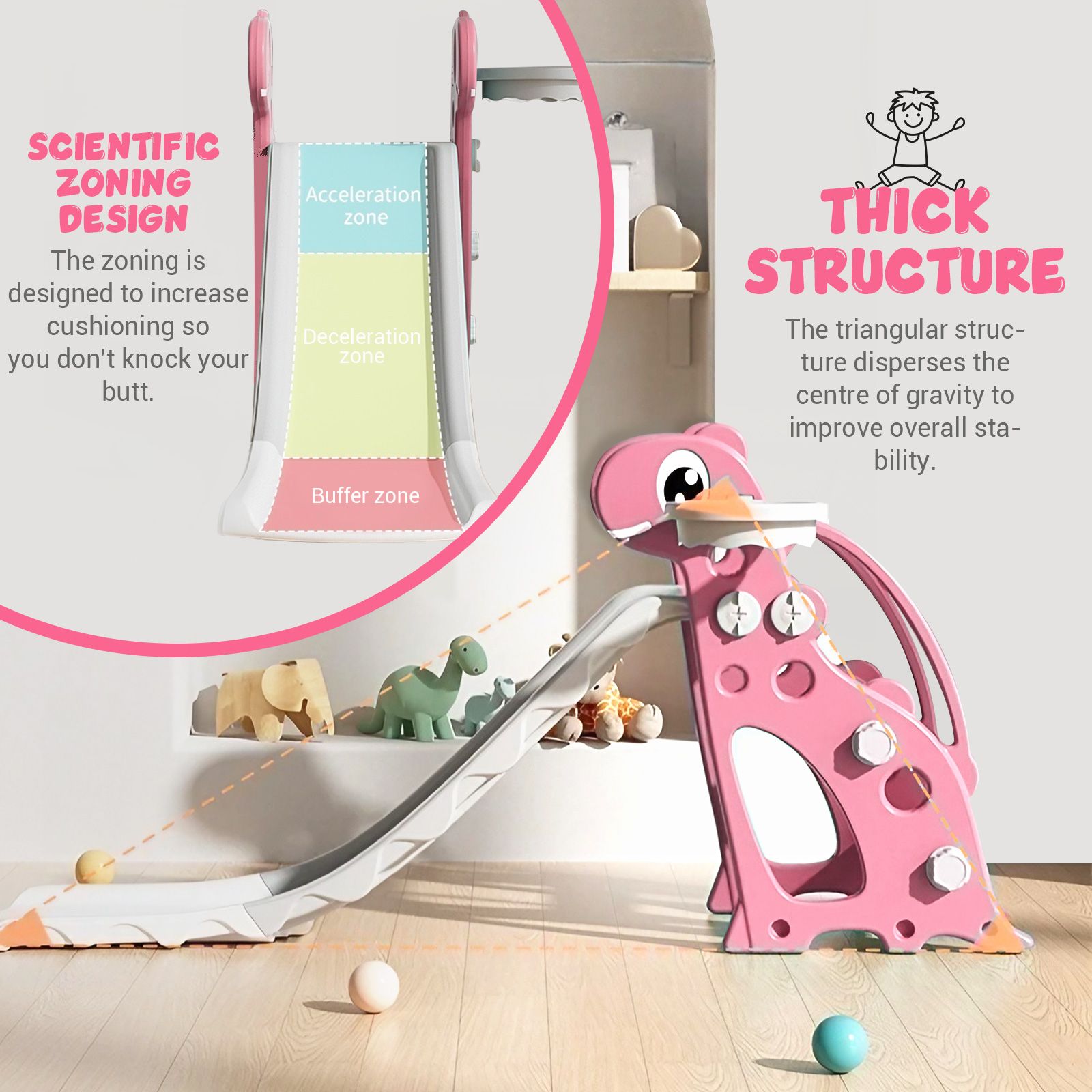3 in 1 Kids Slide Set Climber Ladder Steps Basketball Hoop Indoor Outdoor Playground Activity Centre Stairs Equipment Playset Toy Pink