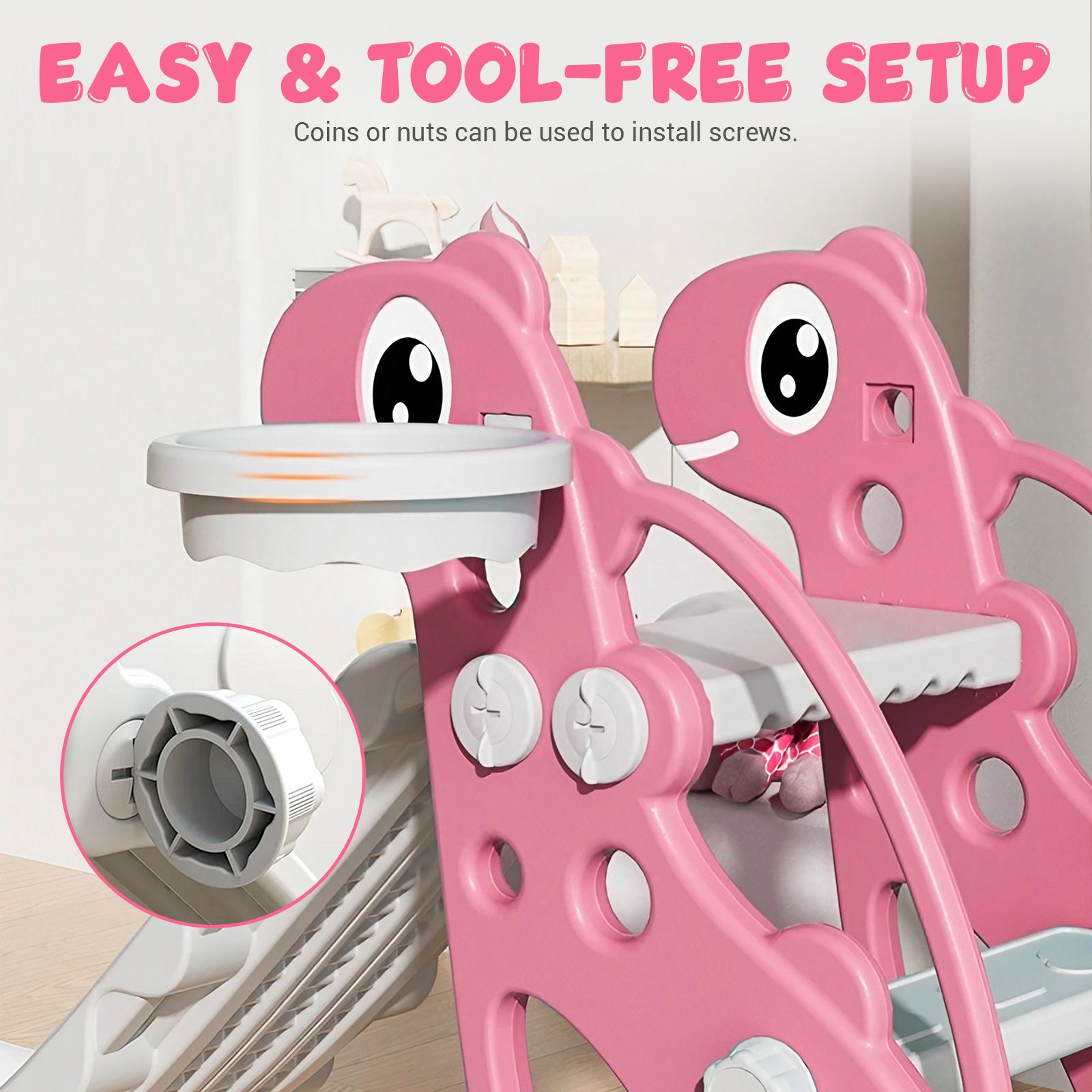 3 in 1 Kids Slide Set Climber Ladder Steps Basketball Hoop Indoor Outdoor Playground Activity Centre Stairs Equipment Playset Toy Pink