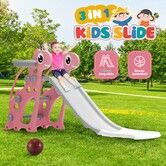 3 in 1 Kids Slide Set Climber Ladder Steps Basketball Hoop Indoor Outdoor Playground Activity Centre Stairs Equipment Playset Toy Pink