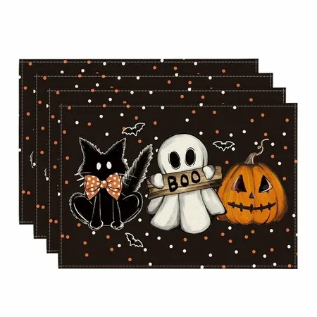 Polka Dot Ghost Pumpkin Cat Boo Halloween Placemats Set of 4 Seasonal Fall Table Mats for Party Kitchen Dining Decoration(30*45CM)