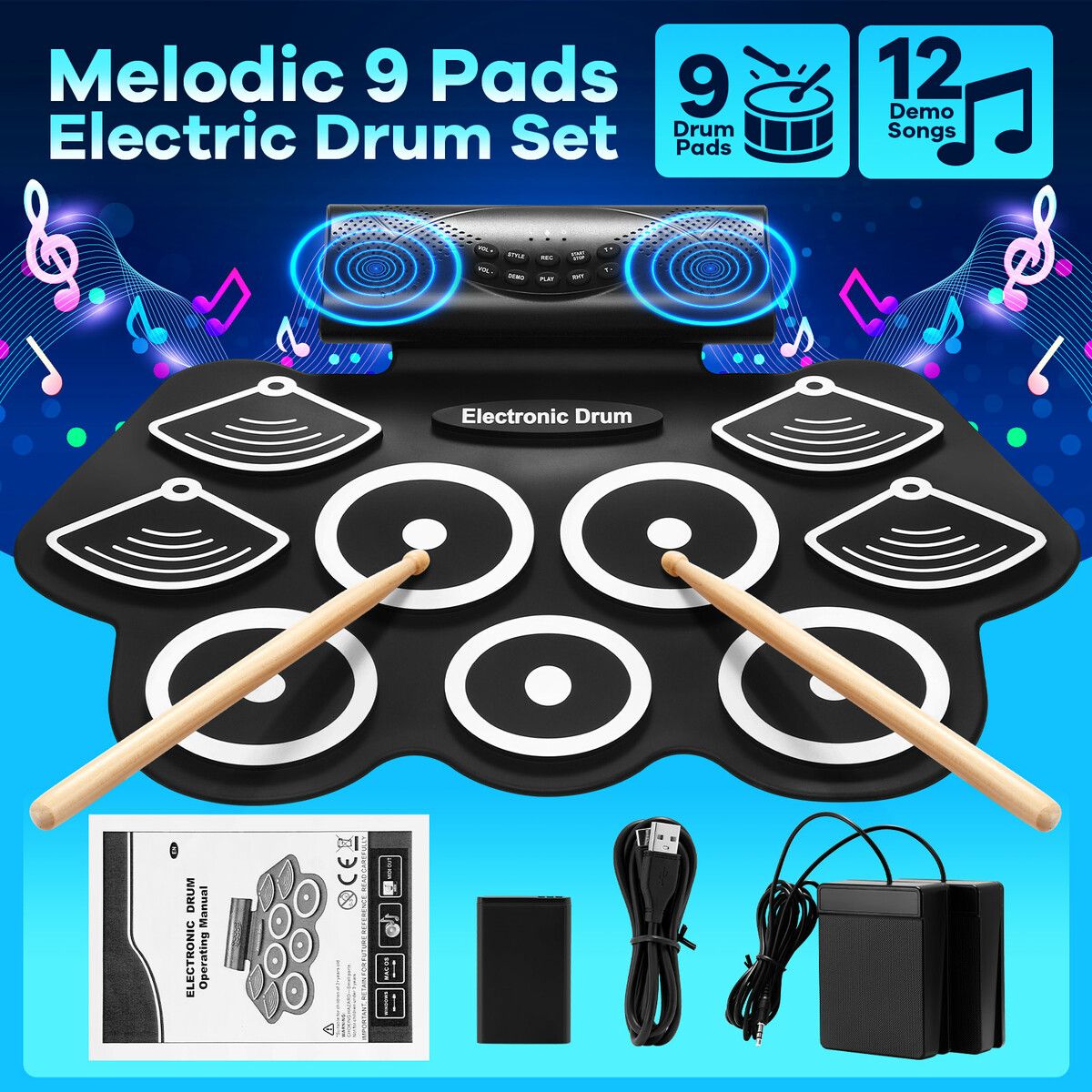 9 Pads Electronic Drum Set Electric Drumsticks USB MIDI Roll Up Practice Portable Musical Instrument Stereo Speaker Headphone Jack Beginner Kids Pedals