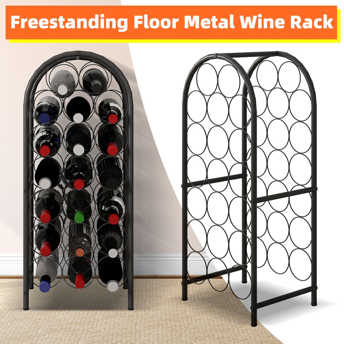 Freestanding Wine Rack Floor Bottle Storage Holder Black Metal Modern Vertical Corner Stand Up Shelf Display for Home Cellar Bar