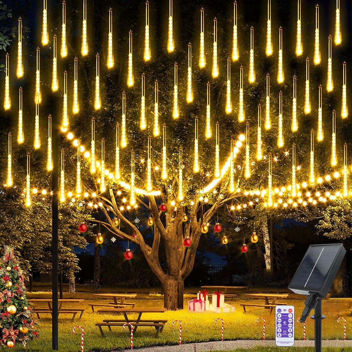 Solar Meteor Shower Lights 10 Tubes 30cm 6.6m Remote Waterproof String Lights Party Wedding Tree Halloween Christmas Outdoor Decorations Col.Blue