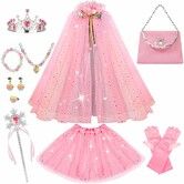 Princess Dress Up Clothes for Little Girl,11Pcs Princess Cape with Crown,Princess Dresses for Girl Age3+ Birthday Gift (Pink)