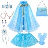 Princess Dress Up Clothes for Little Girl,11Pcs Princess Cape with Crown,Princess Dresses for Girl Age3+ Birthday Gift (Blue)