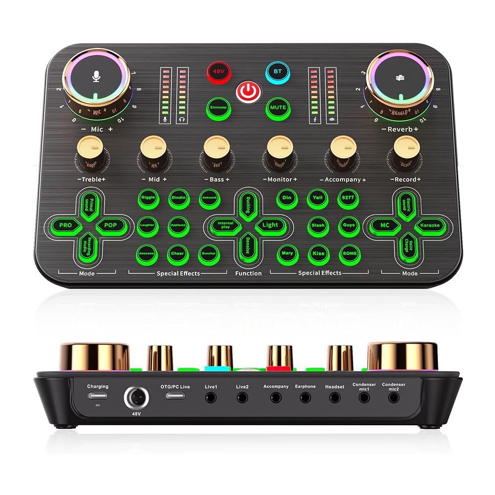 Live Sound Card Audio Mixer, Audio Interface with DJ Mixer Live Sound Effects and Voice Changer, 48V Phantom Power, Podcast Mixer for Phone PC Live Streaming Recording Tiktok YouTube Gaming