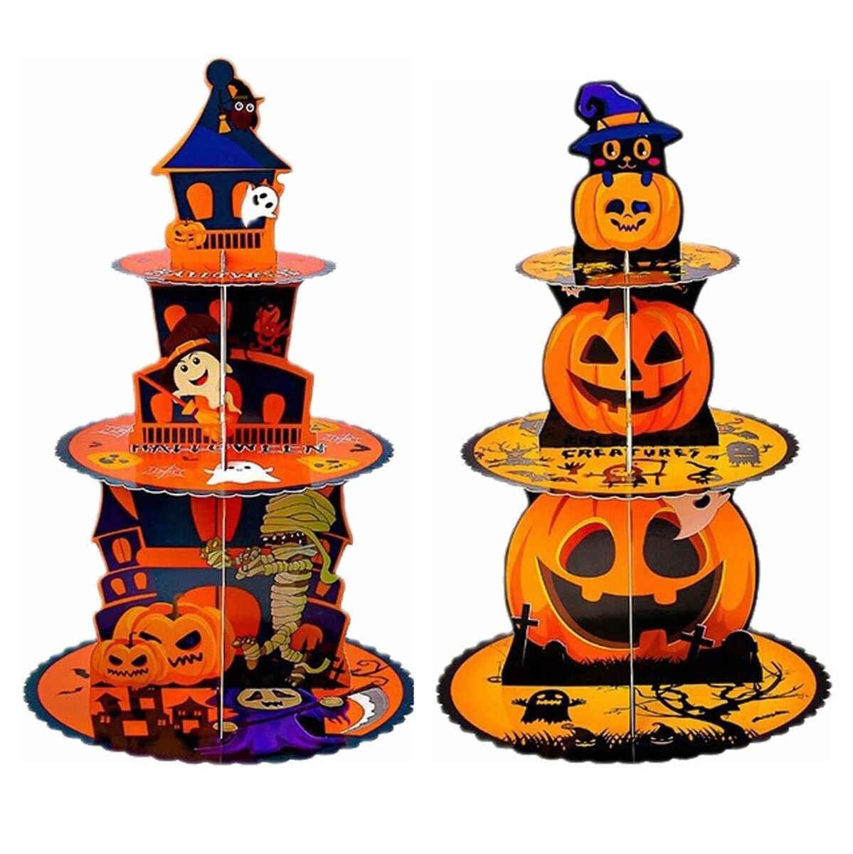 Set of 2 Halloween Pumpkin Themed 3 Tier Cupcake Stands Multi-Tier 3D Paper DIY Dessert Towers for Parties Weddings and Events