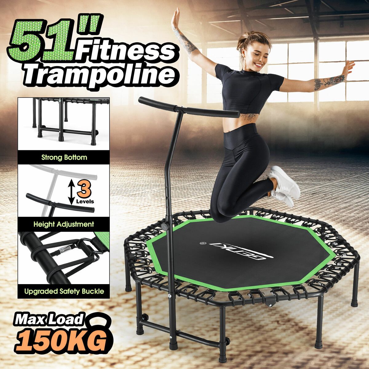 Genki Foldable Trampoline Bounce Rebounder Bungee Exercise Jumping Jogger Home Fitness Gym Equipment Workout 51 Inch