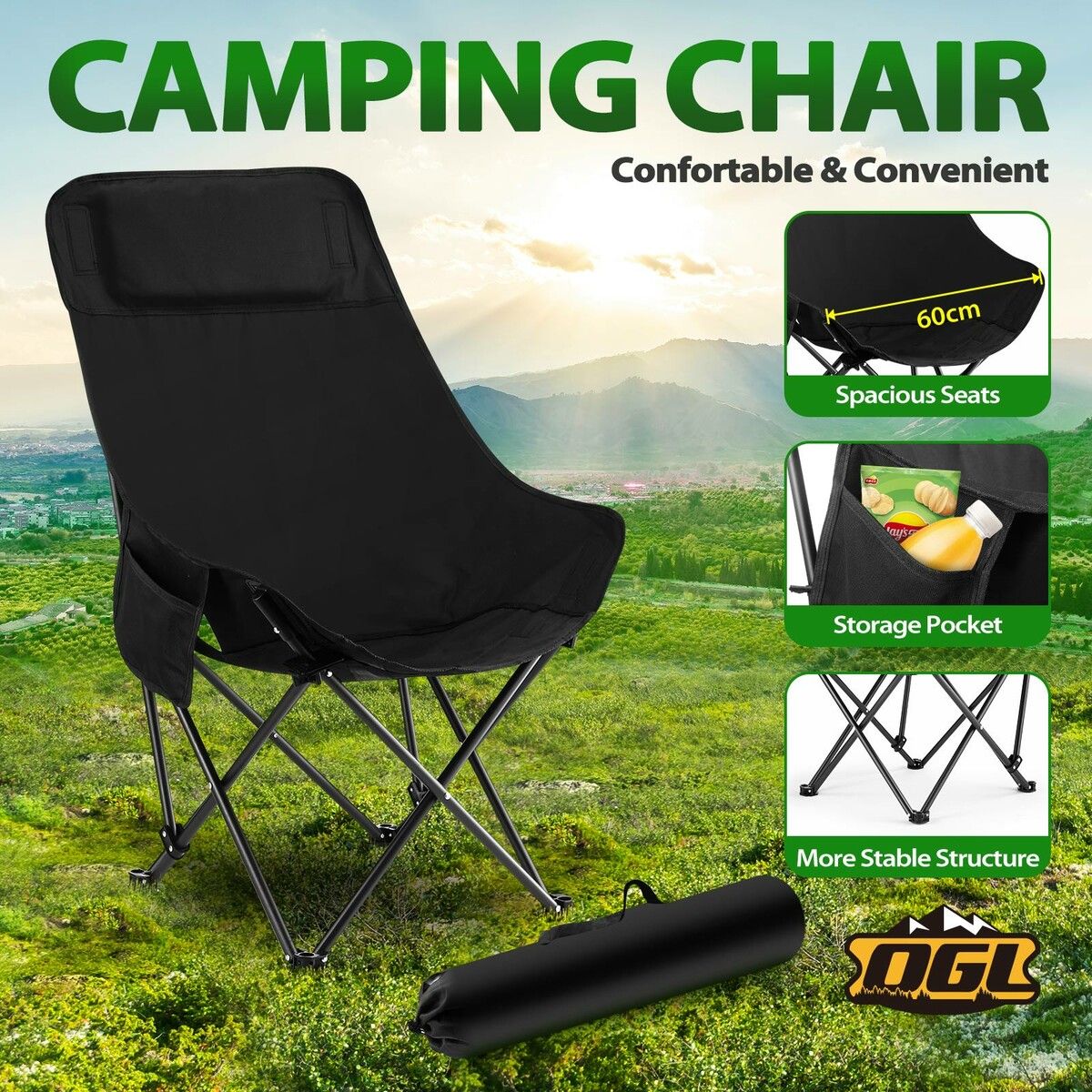 Folding Camping Chair Portable Lightweight Beach Picnic Hiking Fishing Outdoor Furniture Patio Garden Lawn Backyard Seat with Pocket