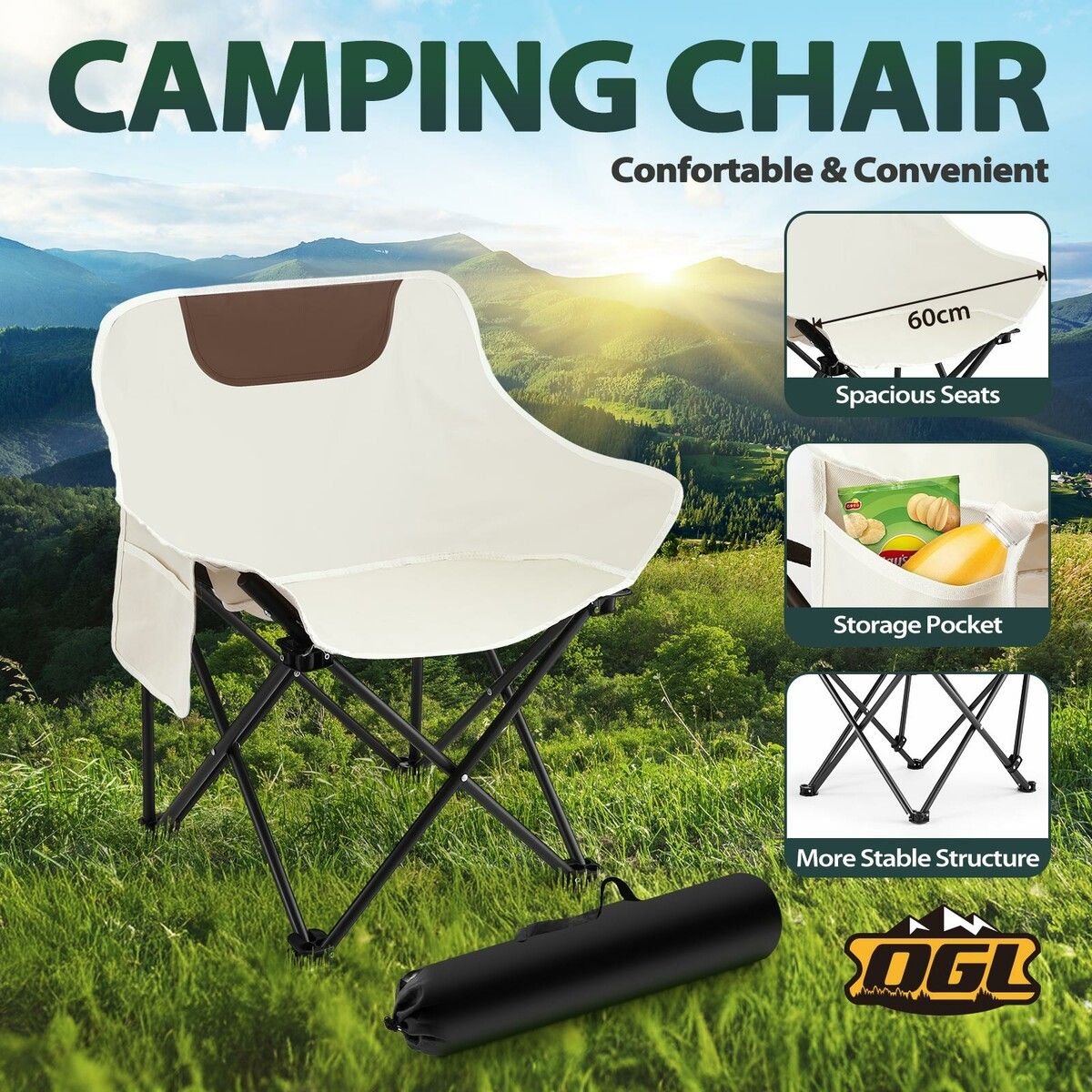 Folding Camping Chair Lightweight Portable Outdoor Furniture Beach Hiking Picnic Fishing Seating Patio Backyard Lawn Garden with Bag