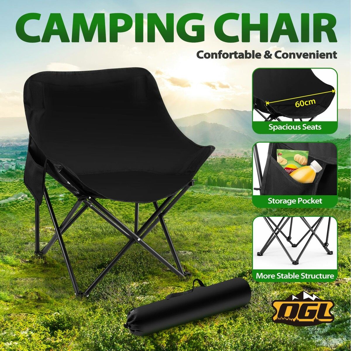 Folding Camping Chair Lightweight Camp Beach Picnic Hiking Fishing Portable Outdoor Seat Patio Backyard Garden Lawn Seating Furniture with Bag