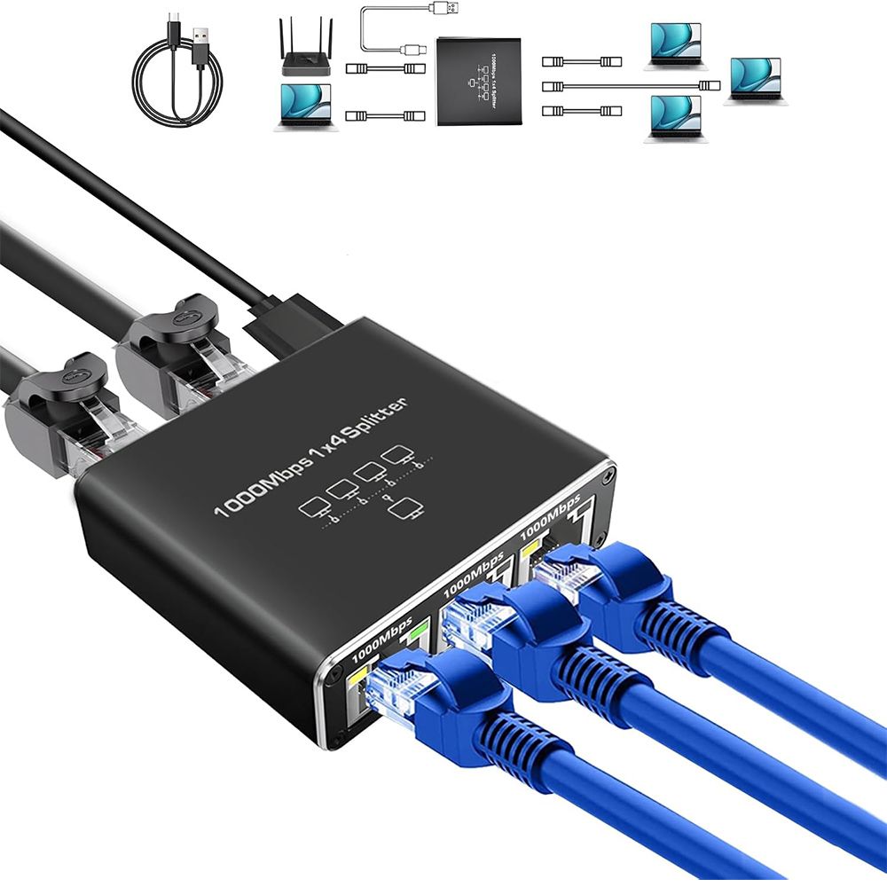 Gigabit Ethernet Splitter 1 to 4 High Speed, Internet Splitter 1000Mbps, LAN Splitter with USB Power Cable, RJ45 Splitter for Cat5/5e/6/7/8 Cable