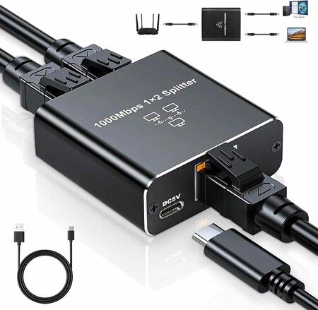 Ethernet Splitter 1 to 2 High Speed 1000Mbps, Gigabit Ethernet Splitter, LAN Splitter with USB Power Cable