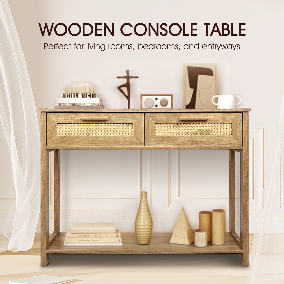 Narrow Console Table Hallway Entry End Entrance Sofa Couch Rattan Side Accent Bedroom Living Home Furniture with Drawers Storage Shelf