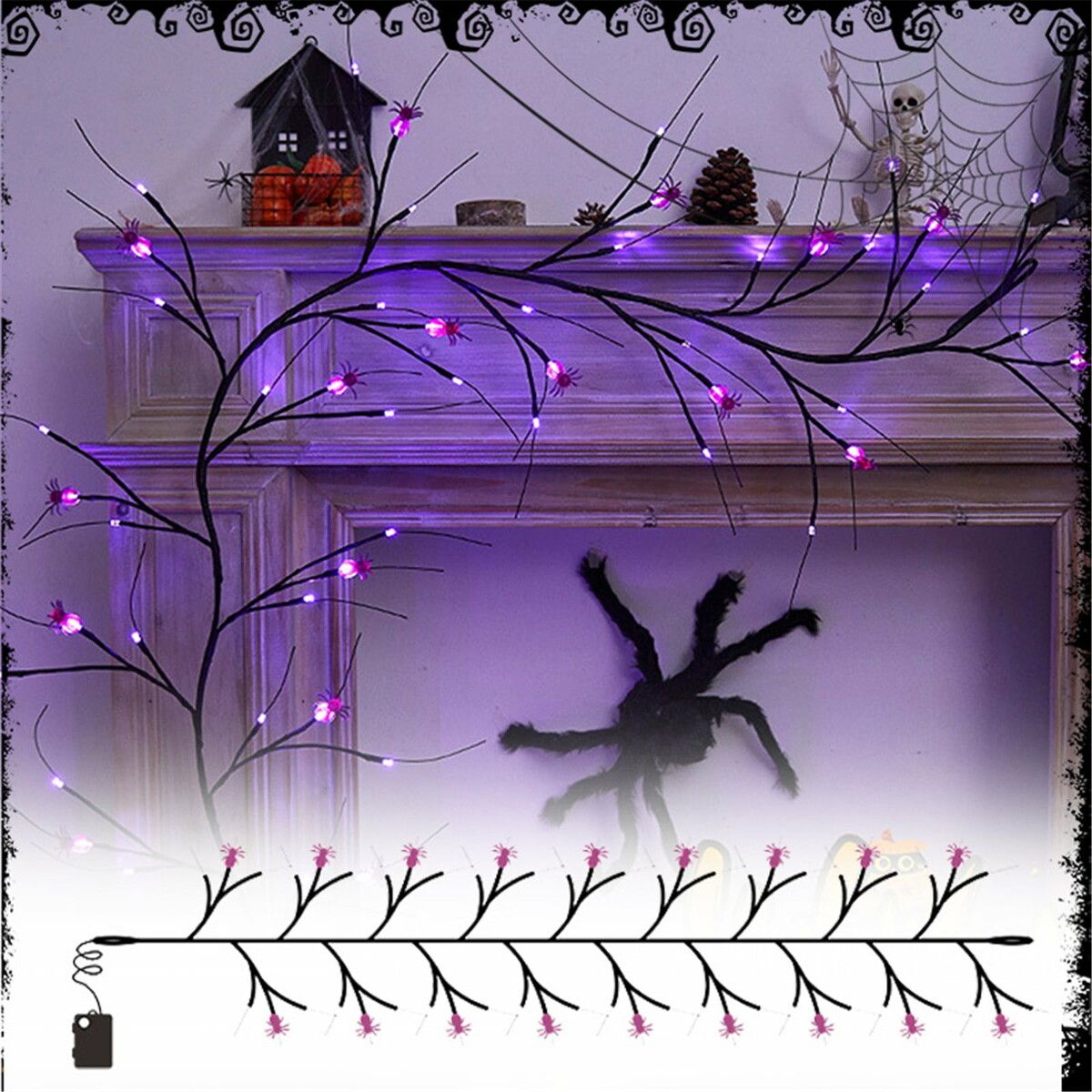 Halloween LED Rattan String Lights, Spider Vine Battery-Powered Decorative Branch Lamp for Indoor Outdoor Decor