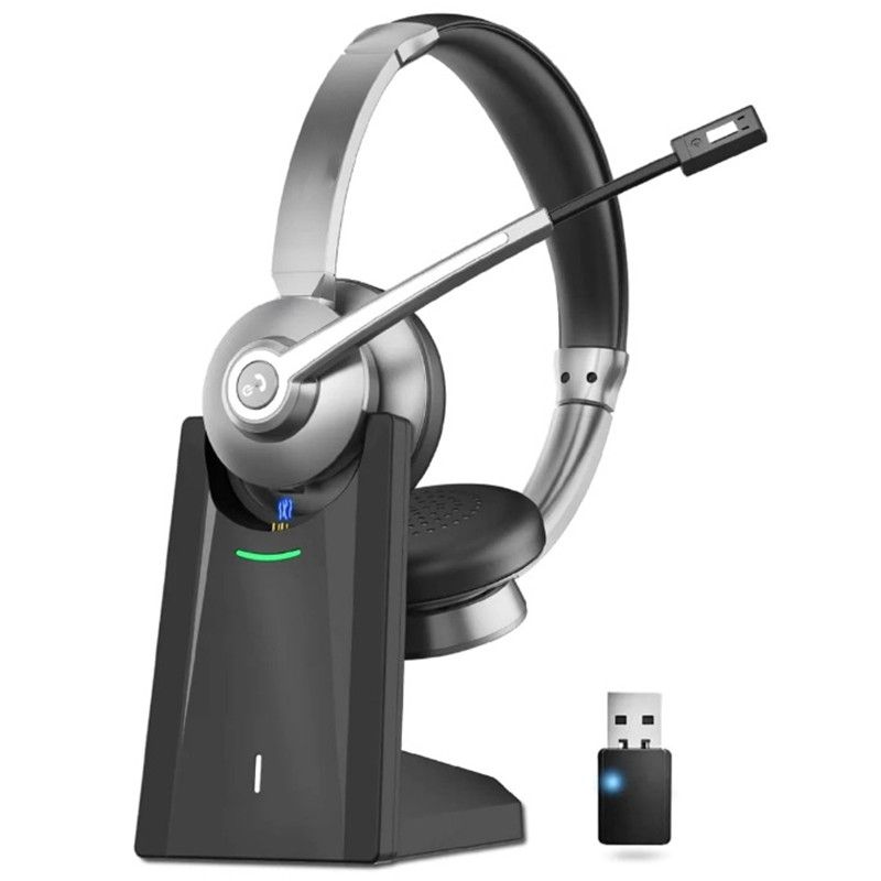 Wireless Bluetooth Headset with Microphone AI Noise Cancelling Wireless Headset with Mic Mute,Charging Base & USB Dongle for Work from Home/Call Center/PC/Laptop