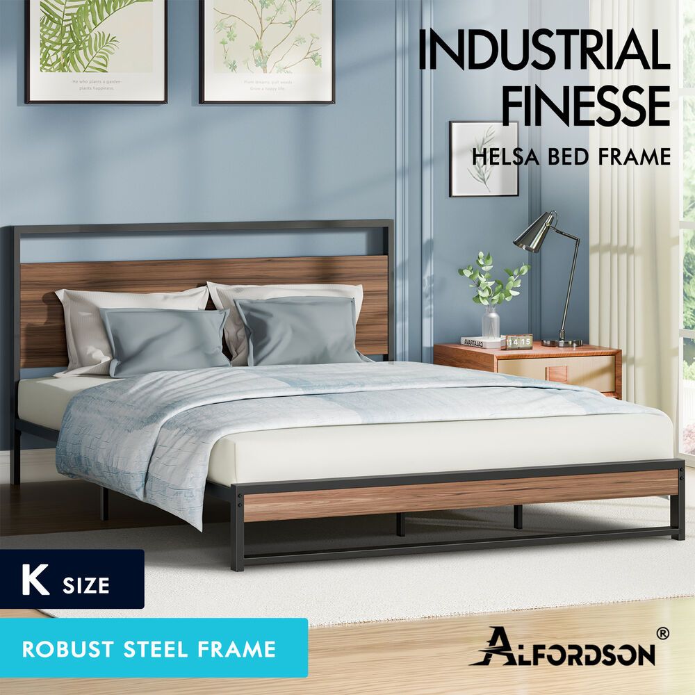 ALFORDSON Metal Bed Frame King Size Industrial Platform Mattress Base Wood