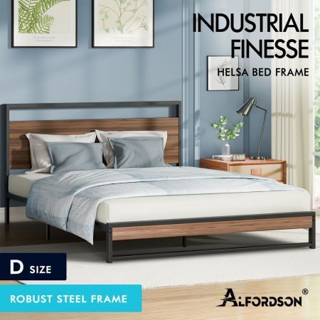 ALFORDSON Metal Bed Frame Double Size Industrial Platform Mattress Base Wood