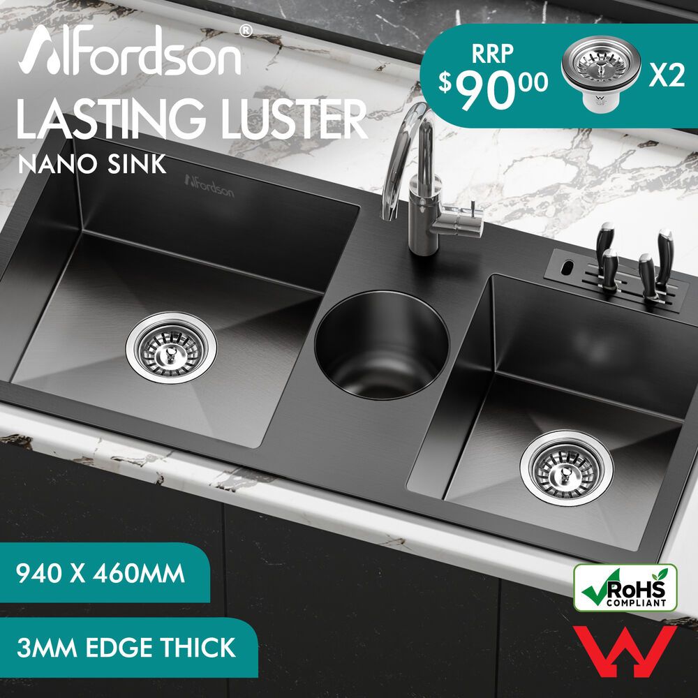 ALFORDSON Kitchen Sink Basin Stainless Steel Drop in Flush Mount 940X460MM Black