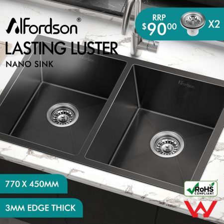ALFORDSON Kitchen Sink Stainless Steel Drop in Flush Under Mount 770X450MM Black