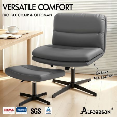 ALFORDSON Office Chair Computer Cross-legged Seat Work Ottoman PU Leather Grey