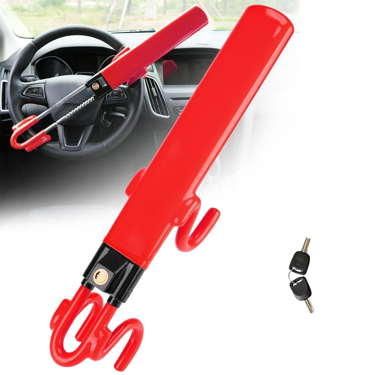 Steering Wheel Lock,Heavy Duty Antitheft Device and Car Security Lock with Adjustable Locking - Great Vehicle and Truck Deterrent (Red)