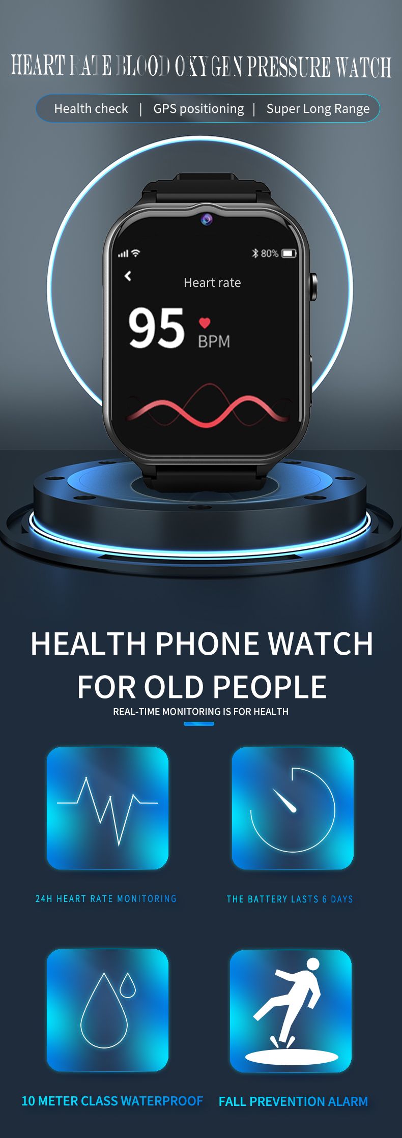 Elderly Smart Watch For Senior Falling Detection 4G Sim Card SOS Phone Call GPS Positioning Medicine Remind Track