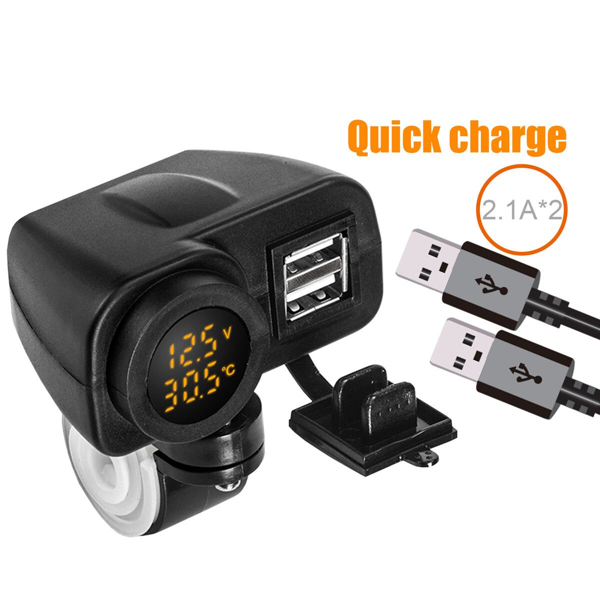 Weatherproof Motorcycle Dual USB Voltmeter Charger with Handlebar Clamp Power Adapter