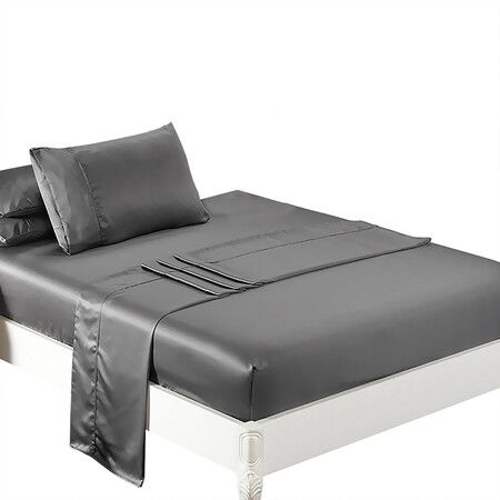 Silky Satin Sheets Fitted Flat Single Grey Dark Grey
