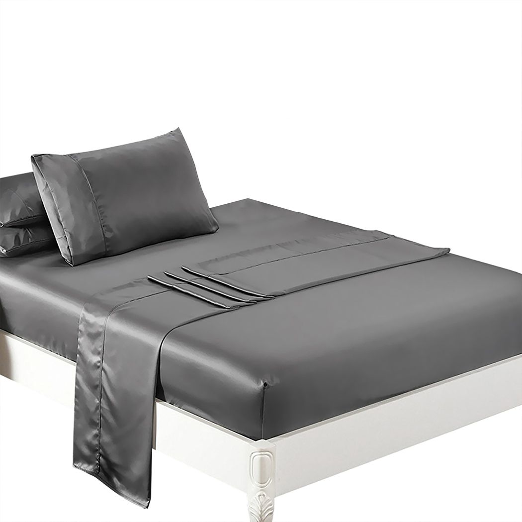 Silky Satin Sheets Fitted Flat Single Grey Dark Grey
