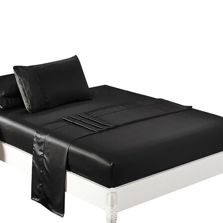 Silky Satin Sheets Fitted Flat Single Black