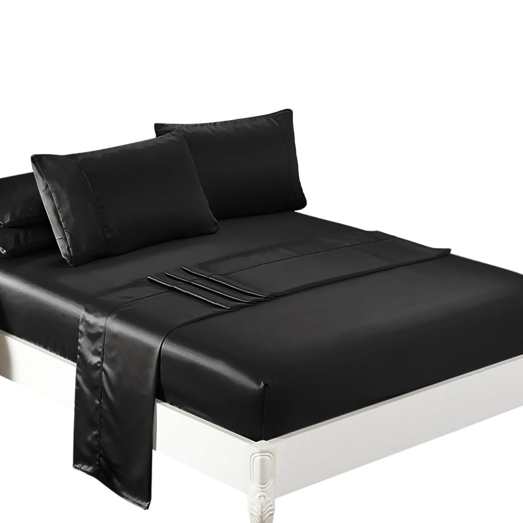 Silky Satin Sheets Fitted Flat Queen Black