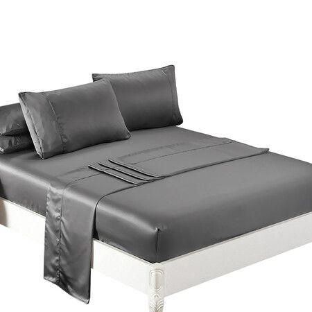 Silky Satin Sheets Fitted Double Grey